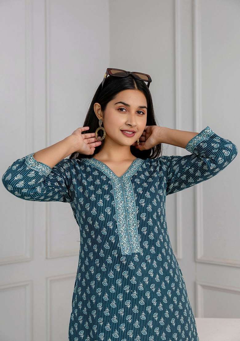 Green Printed Pure Cotton Kurta - Indya