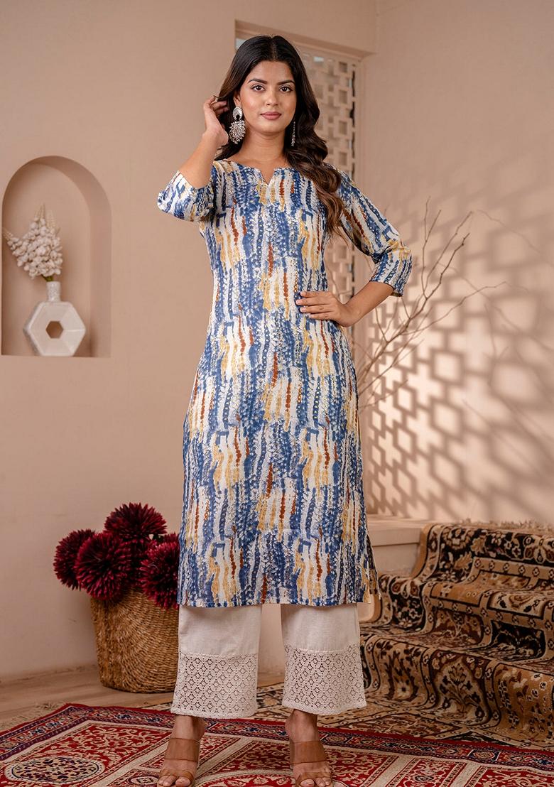Blue Printed Cotton Blend Kurta - Indya