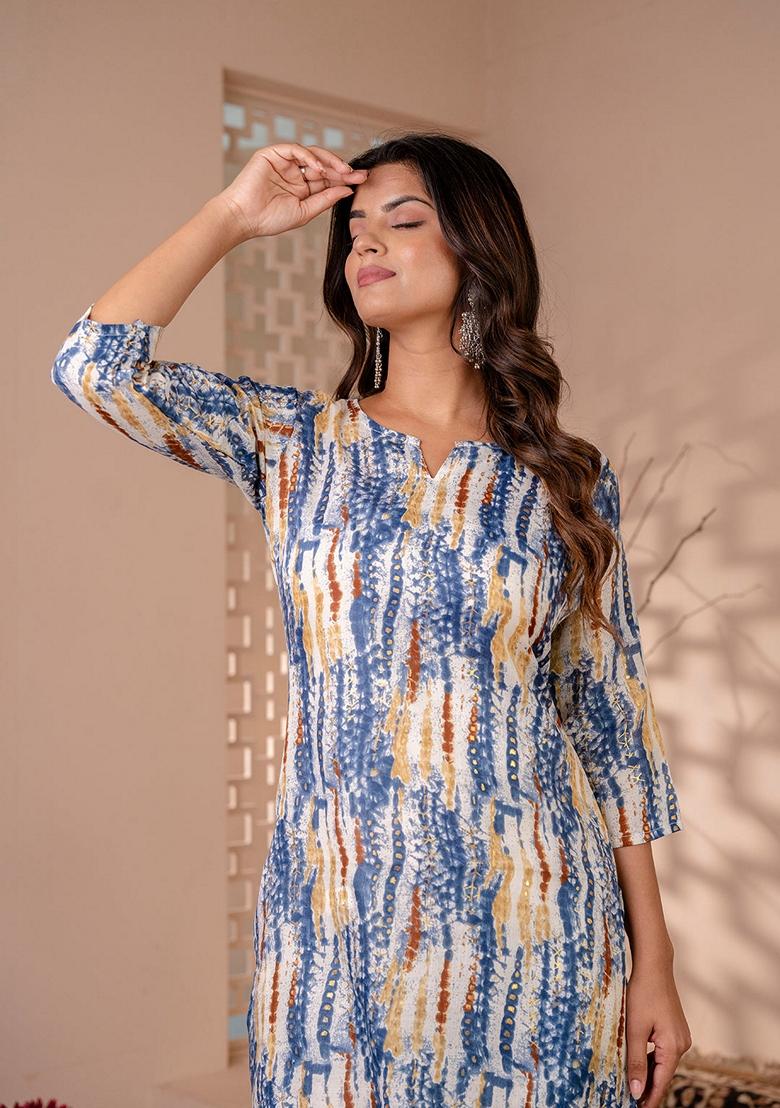 Blue Printed Cotton Blend Kurta - Indya