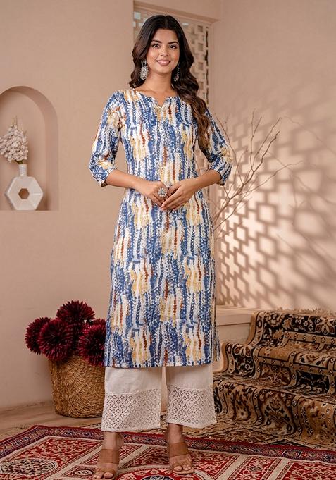 Blue Printed Cotton Blend Kurta