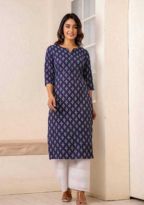 Blue Printed Pure Cotton Kurta