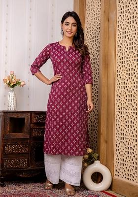 Burgundy Printed Pure Cotton Kurta