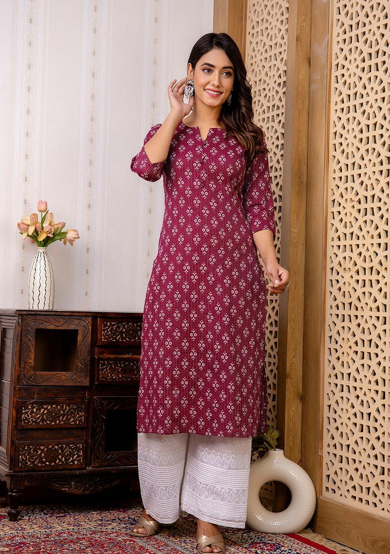 Burgundy Printed Pure Cotton Kurta