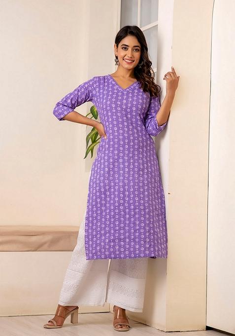 Purple Printed Pure Cotton Kurta