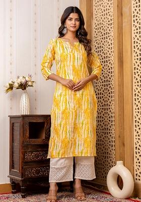 Yellow Printed Cotton Blend Kurta