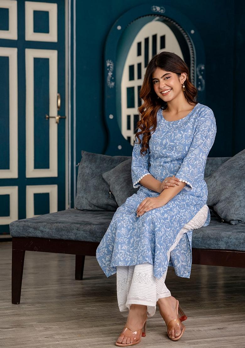 Blue Printed Pure Cotton Kurta - Indya