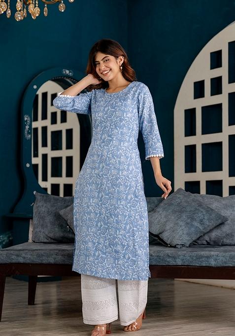 Blue Printed Pure Cotton Kurta