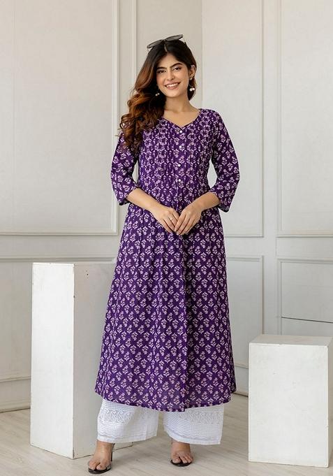 Purple Printed Pure Cotton Kurta