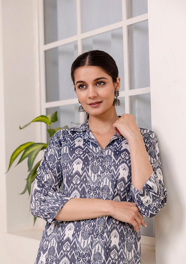 Grey Printed Pure Cotton Kurta - Indya