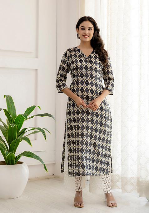 Grey Printed Cotton Blend Kurta