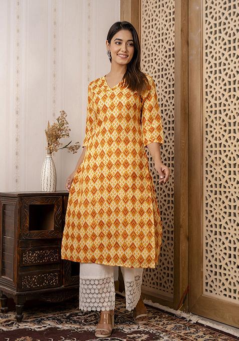 Yellow Printed Cotton Blend Kurta