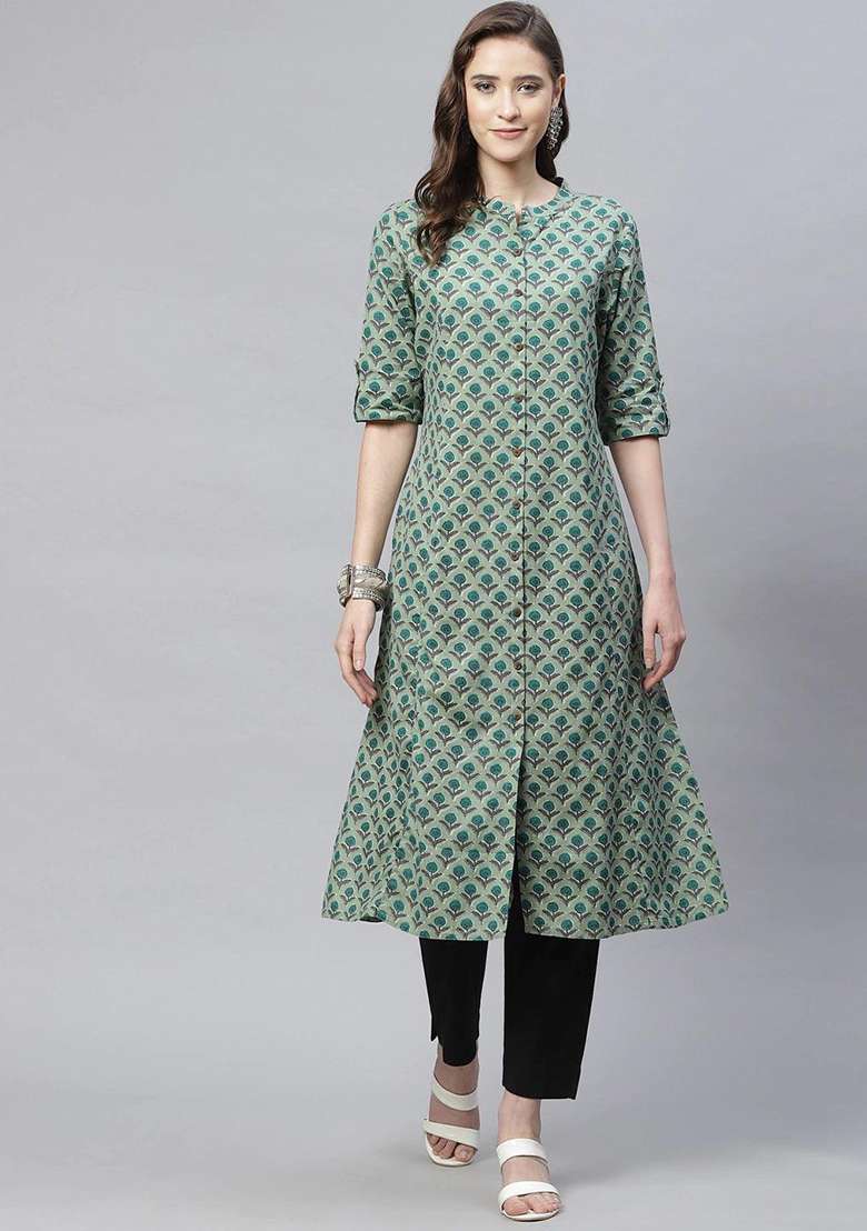 Green Printed Cotton Kurta - Indya