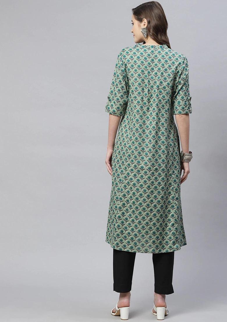 Green Printed Cotton Kurta