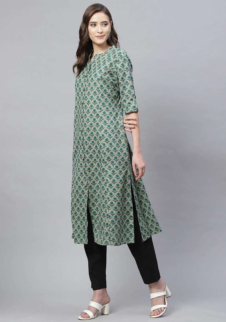 Green Printed Cotton Kurta - Indya