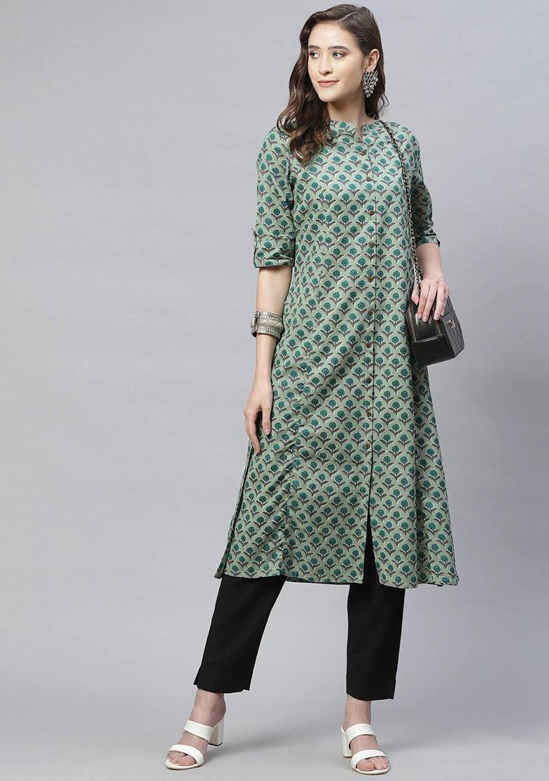 Green Printed Cotton Kurta