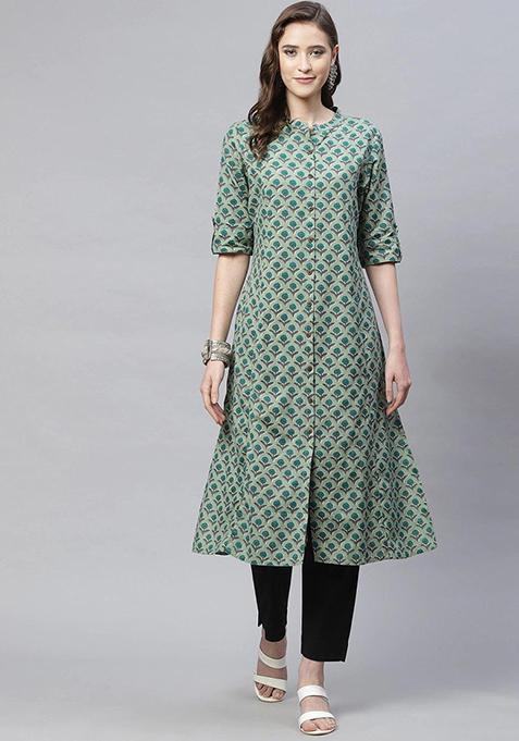 Green Printed Cotton Kurta