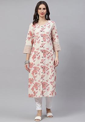 Cream Floral Print Cotton Kurta