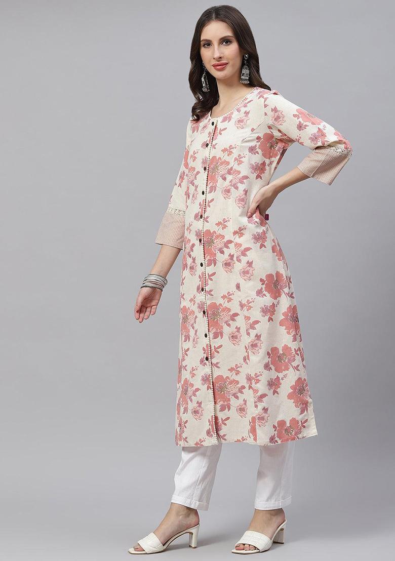 Cream Floral Print Cotton Kurta