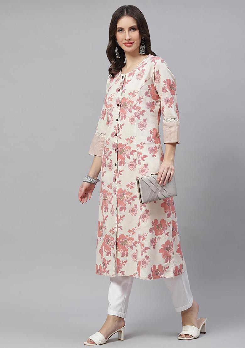 Cream Floral Print Cotton Kurta