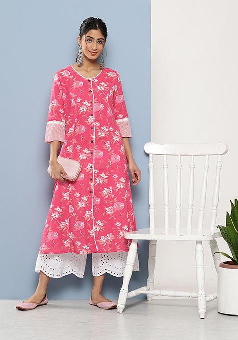 Pink Floral Print Cotton Kurta