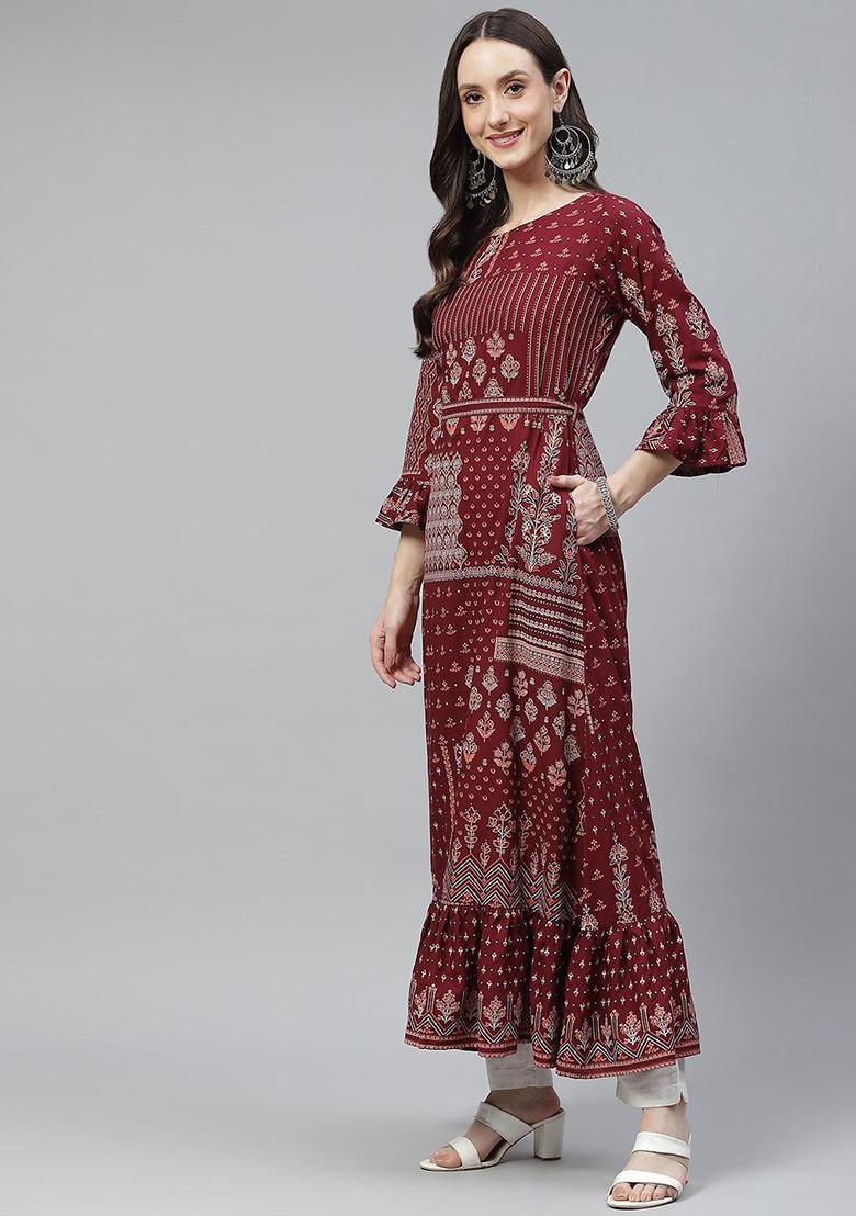 Maroon Printed Rayon Kurta