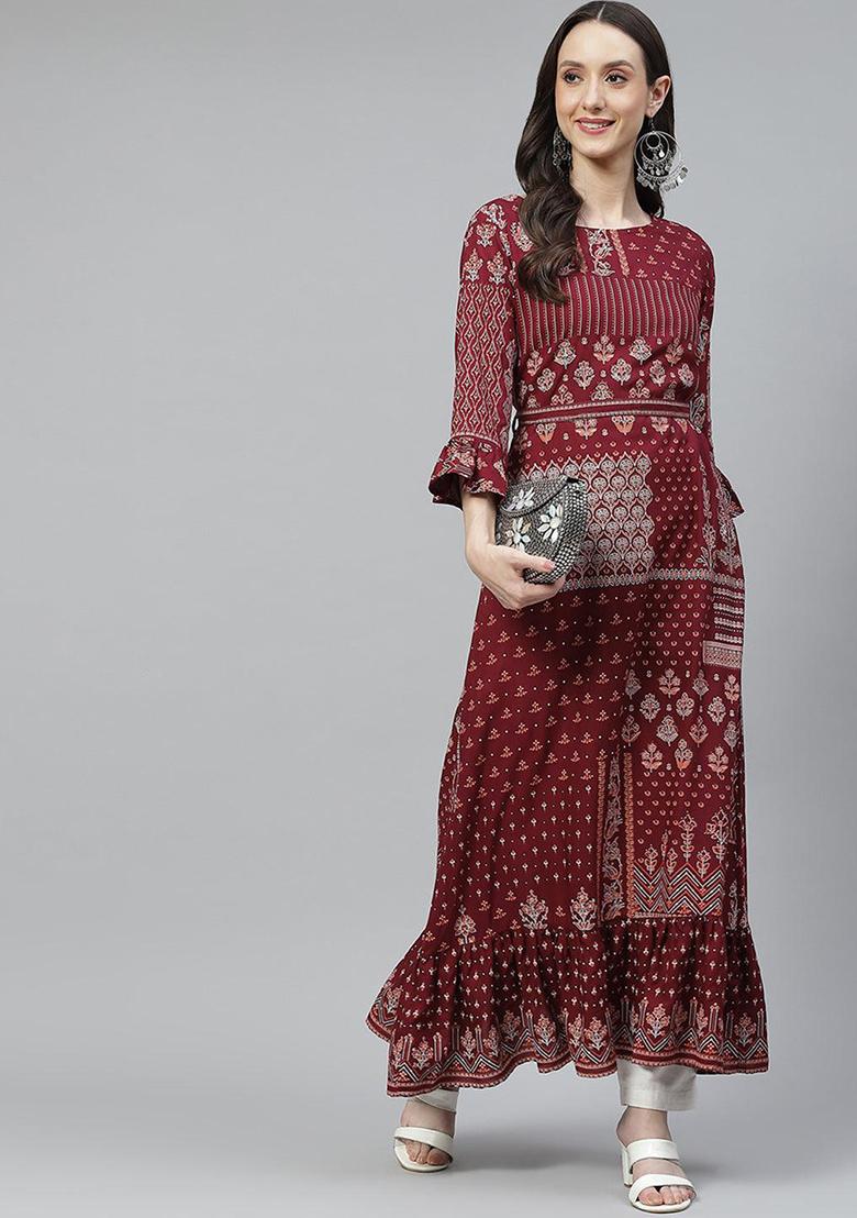 Maroon Printed Rayon Kurta