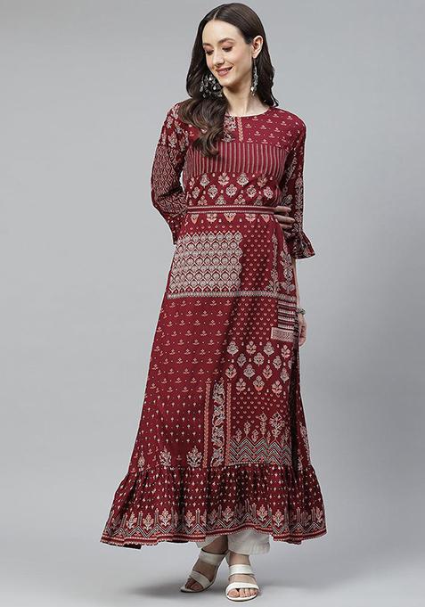 Maroon Printed Rayon Kurta