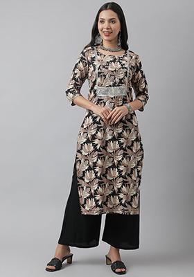 Black Floral Print Cotton Kurta