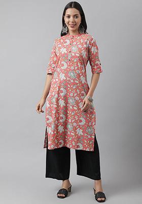 Pink Floral Print Cotton Kurta