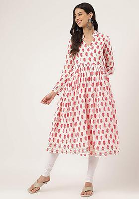 White Floral Print Cotton Kurta