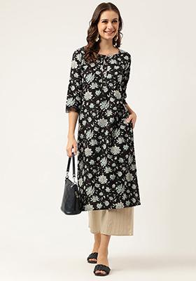 Black Floral Print Cotton Kurta