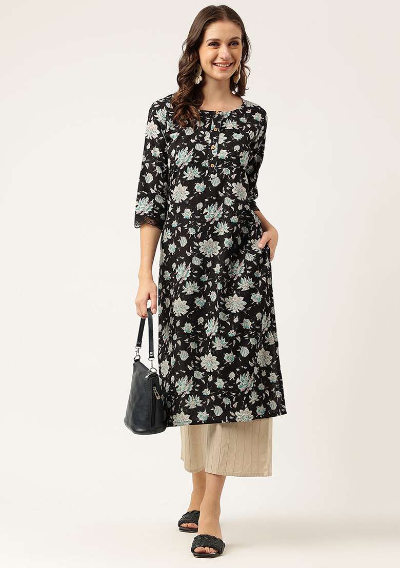 Black Floral Print Cotton Kurta - Indya
