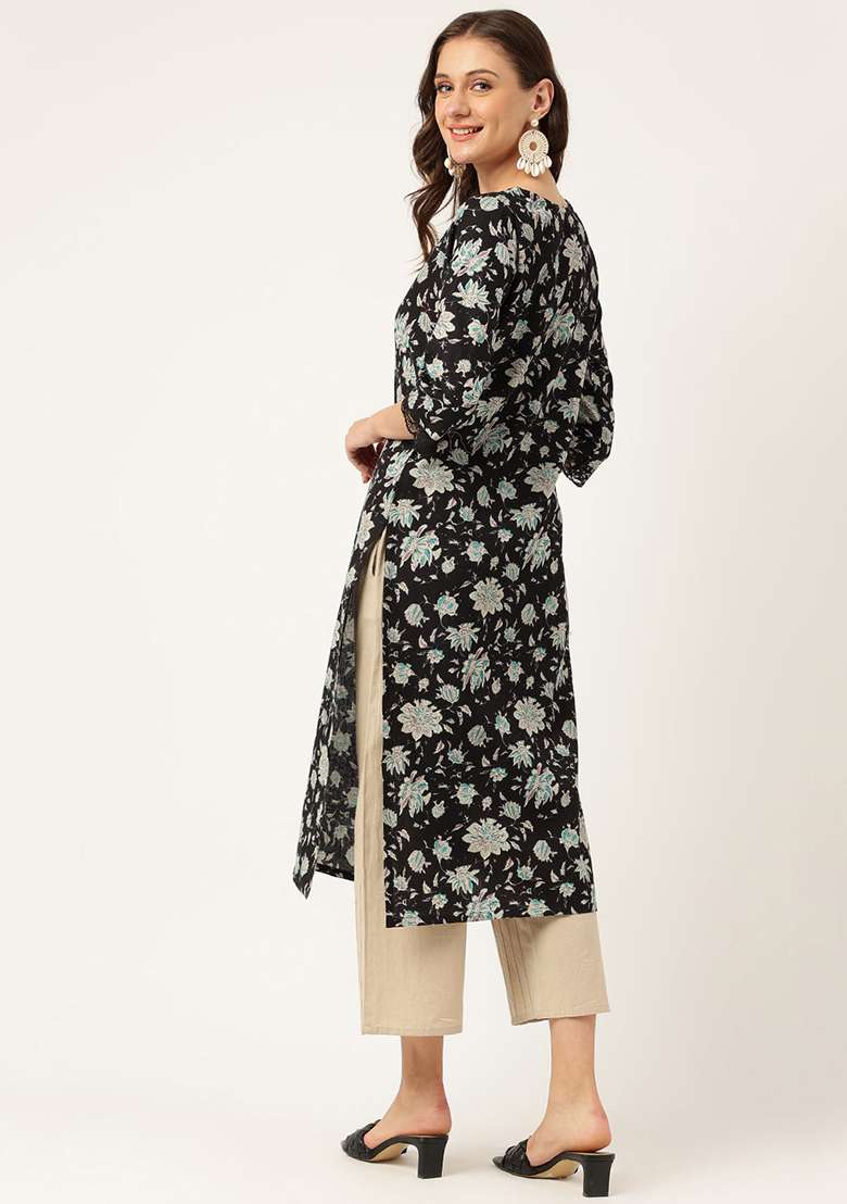 Black Floral Print Cotton Kurta - Indya
