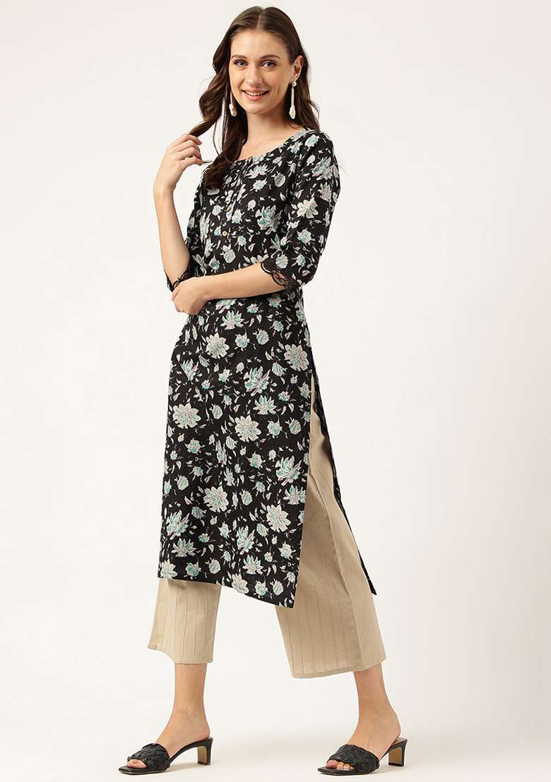 Black Floral Print Cotton Kurta - Indya