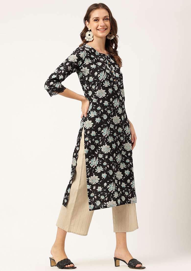 Black Floral Print Cotton Kurta - Indya