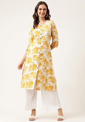 Mustard Floral Print Cotton Kurta