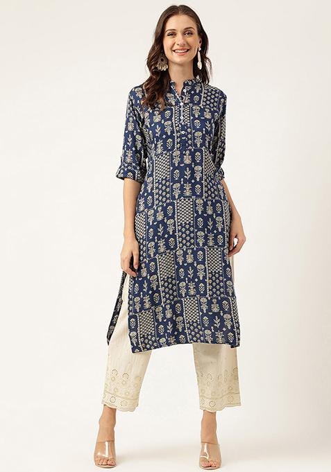 Blue Floral Print Rayon Kurta