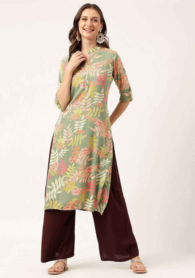 Green Floral Print Rayon Straight Kurta Set - Indya
