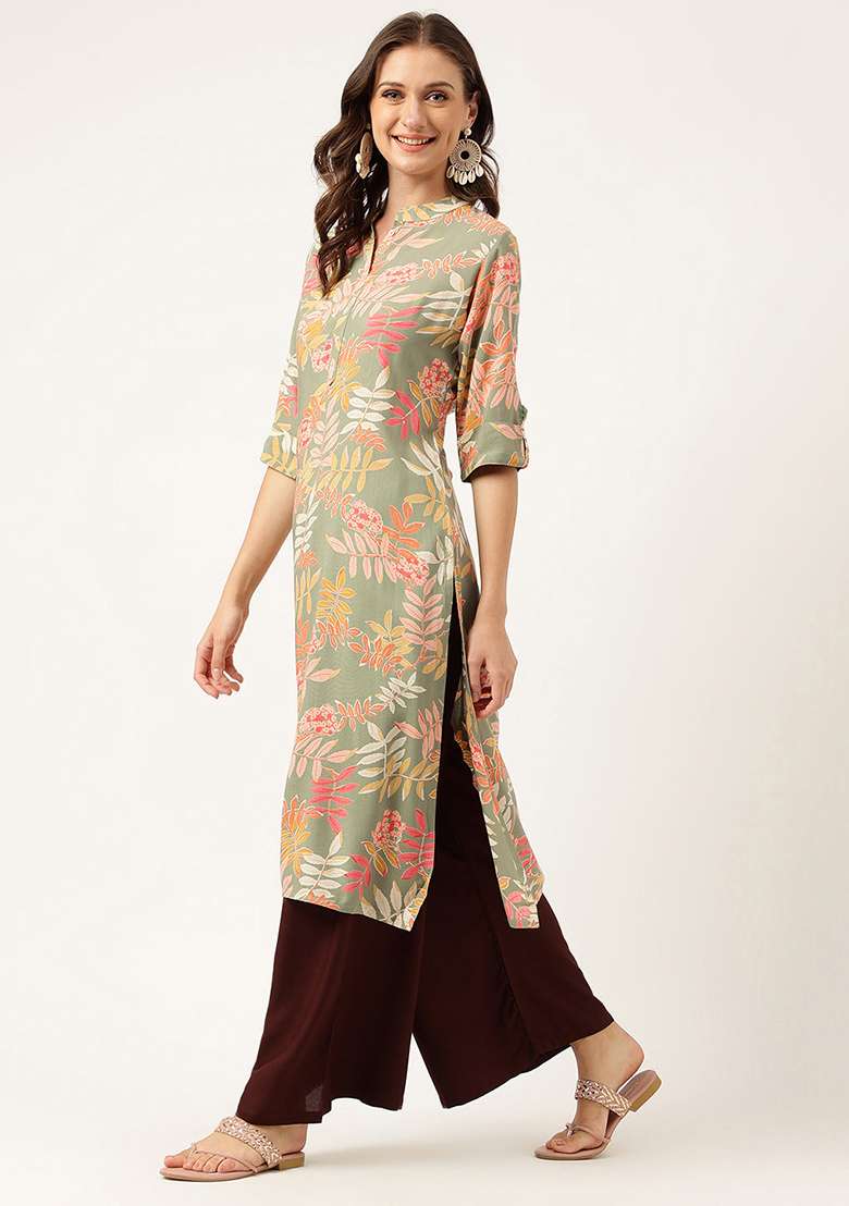 Green Floral Print Rayon Straight Kurta Set - Indya