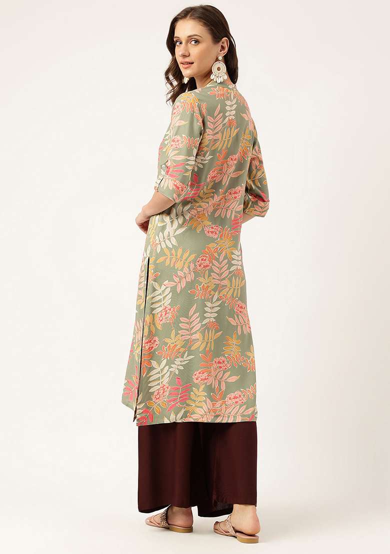 Green Floral Print Rayon Straight Kurta Set - Indya