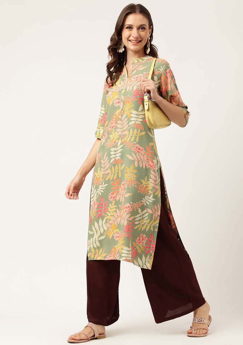 Green Floral Print Rayon Straight Kurta Set - Indya