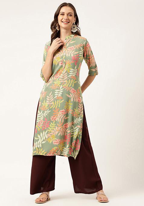 Green Floral Print Rayon Kurta