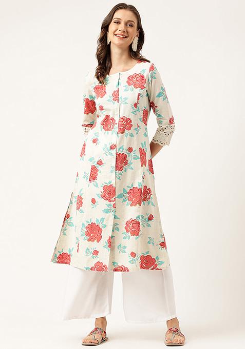 Cream Floral Print Cotton Kurta