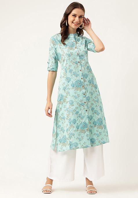 Green Floral Print Cotton Kurta