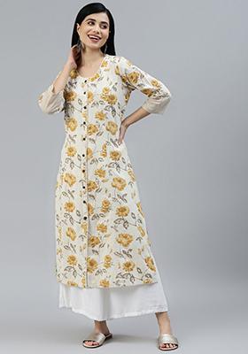 Yellow Floral Print Cotton Kurta