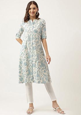 Blue Floral Print Cotton Kurta