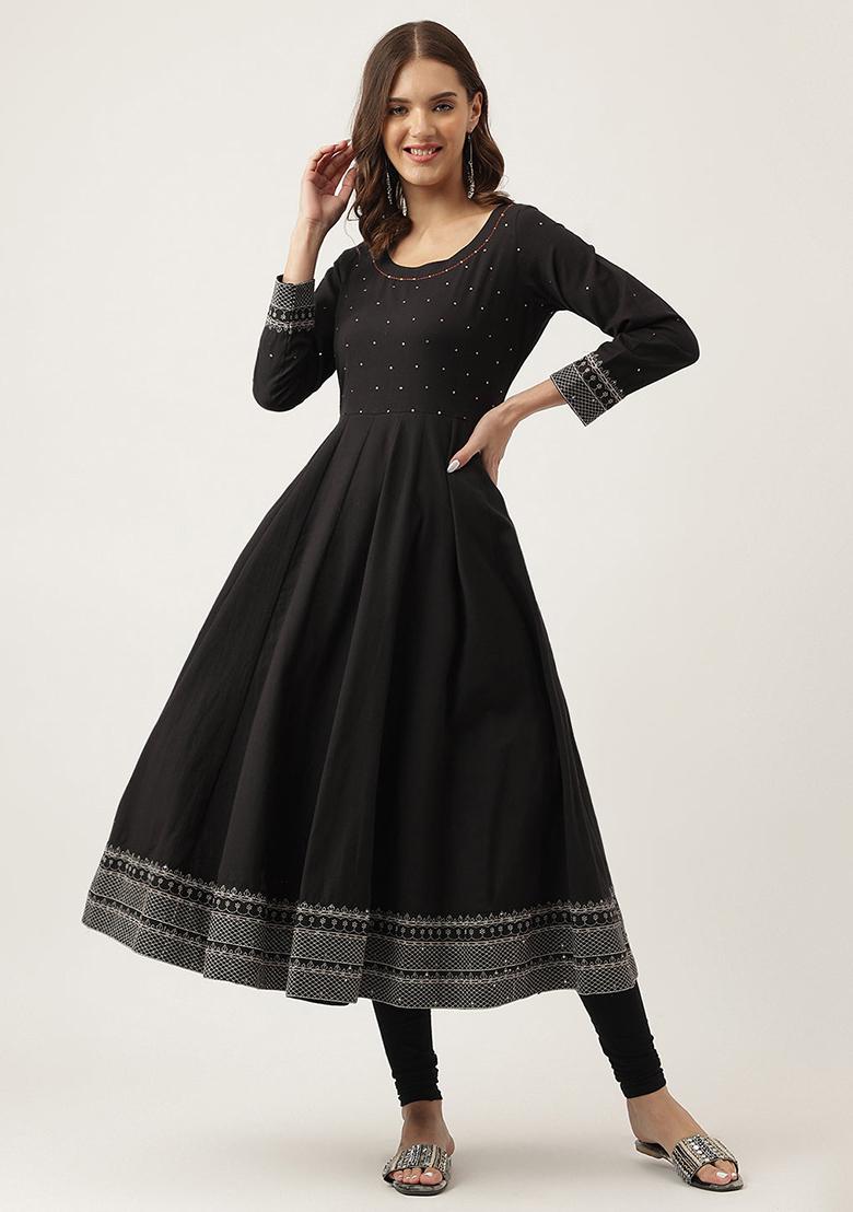 Black Embroidered Cotton Kurta - Indya
