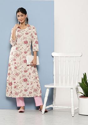 White Floral Print Cotton Kurta