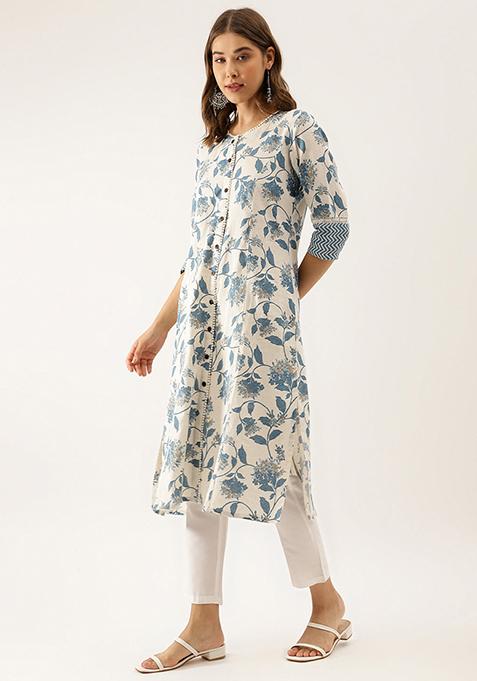 Blue Floral Print Kurta With Blue Floral Print Trousers. main image 0