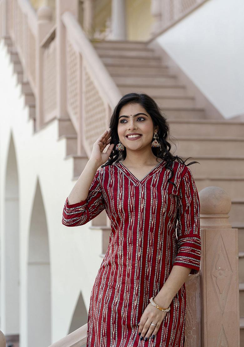 Maroon Printed Pure Cotton Kurta - Indya